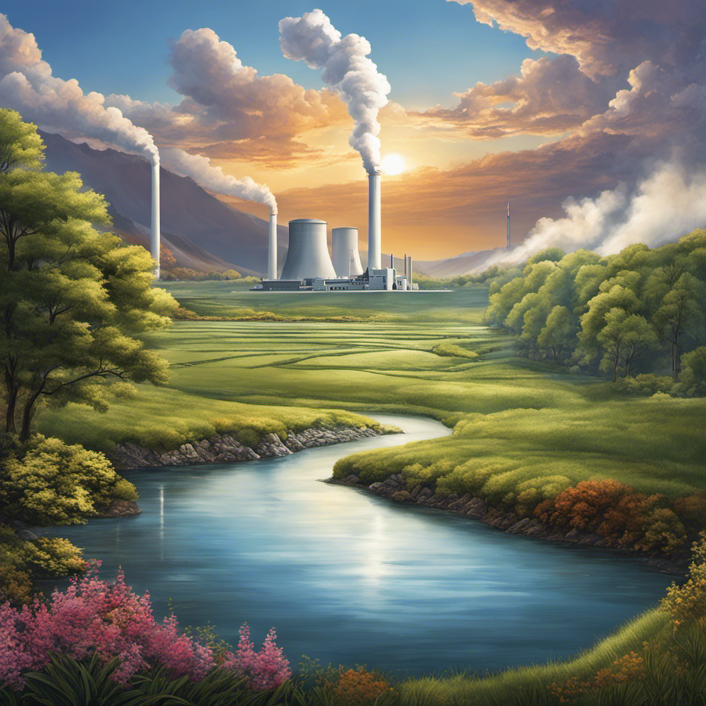 An image depicting a serene landscape with a geothermal power plant in the background