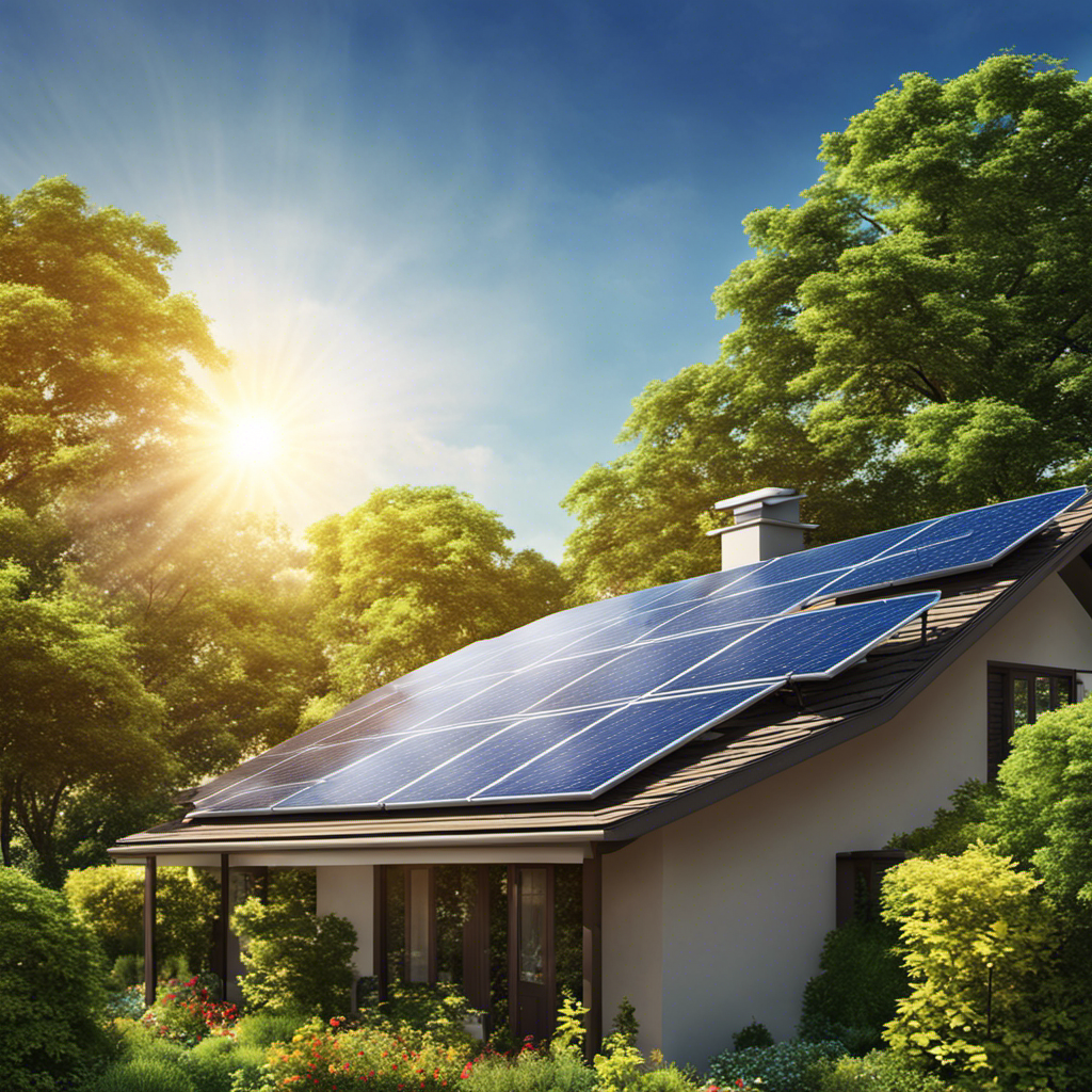 An image that showcases a solar panel array on the rooftop of a residential house, surrounded by a lush green garden