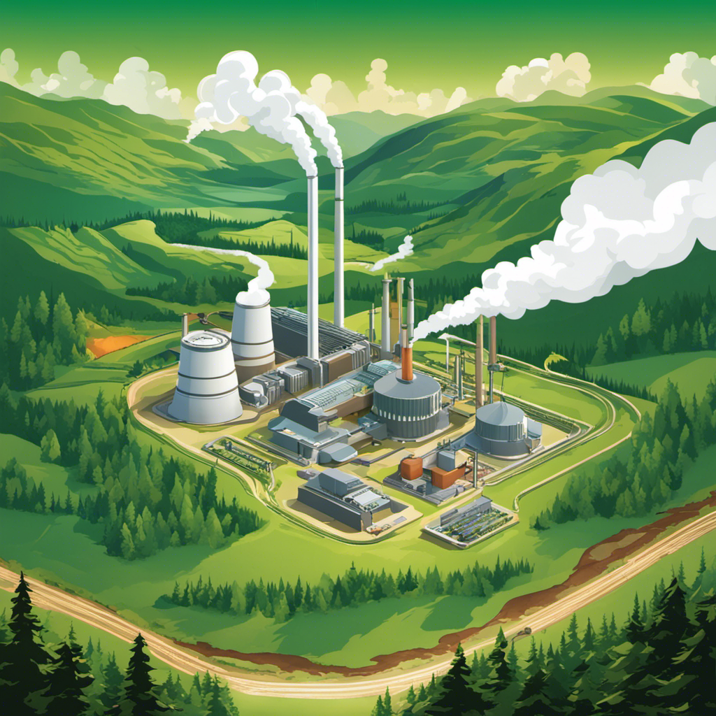 An image showcasing a vast geothermal power plant surrounded by lush green landscapes, highlighting the seamless cycle of heat transfer from the Earth's core to generate clean and limitless energy, emphasizing geothermal energy's renewable nature