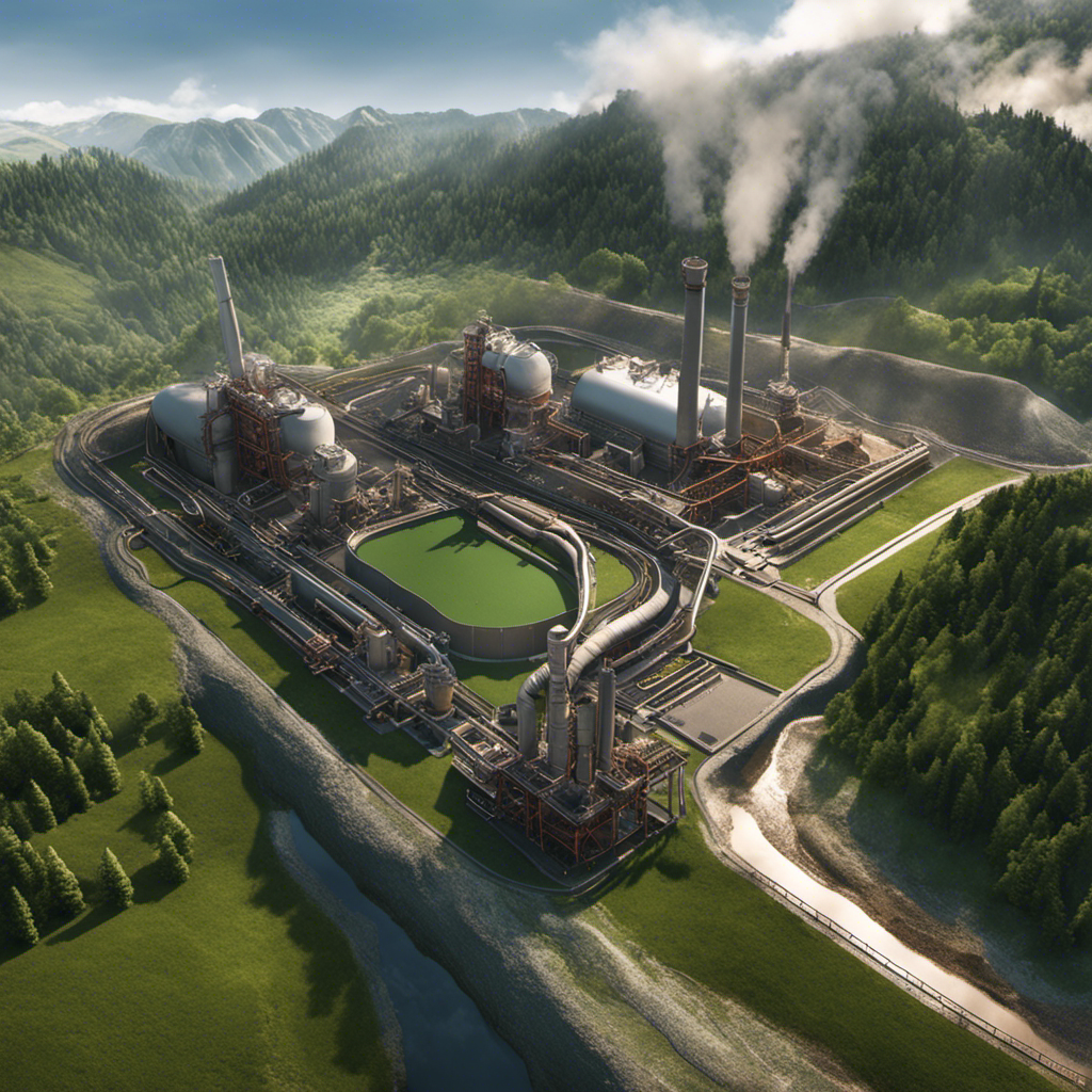 An image of a geothermal power plant nestled amidst a lush landscape, with vibrant steam rising from a well