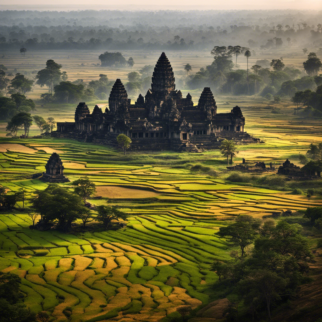 An image depicting Cambodia's landscape with a vast, arid plain dotted with ancient temples and rice fields