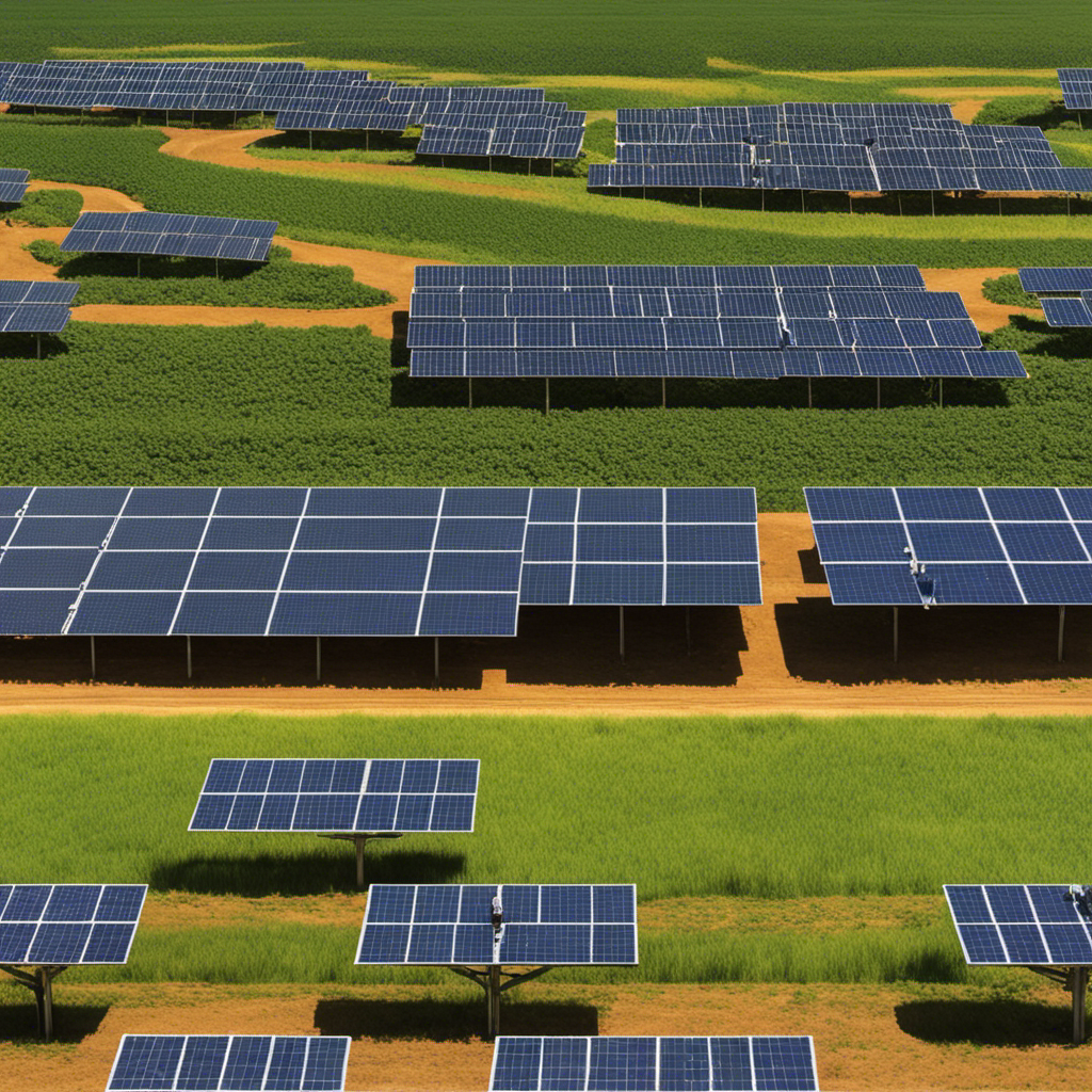 An image depicting a vibrant landscape with multiple solar farms scattered across a developing country