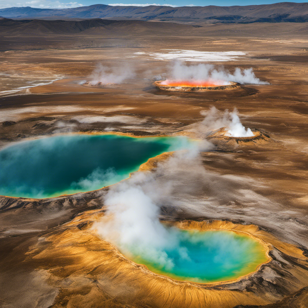 An image showcasing a vast landscape with visible indicators of geothermal energy potential, such as steam rising from the ground, hot springs, geysers, and volcanic activity