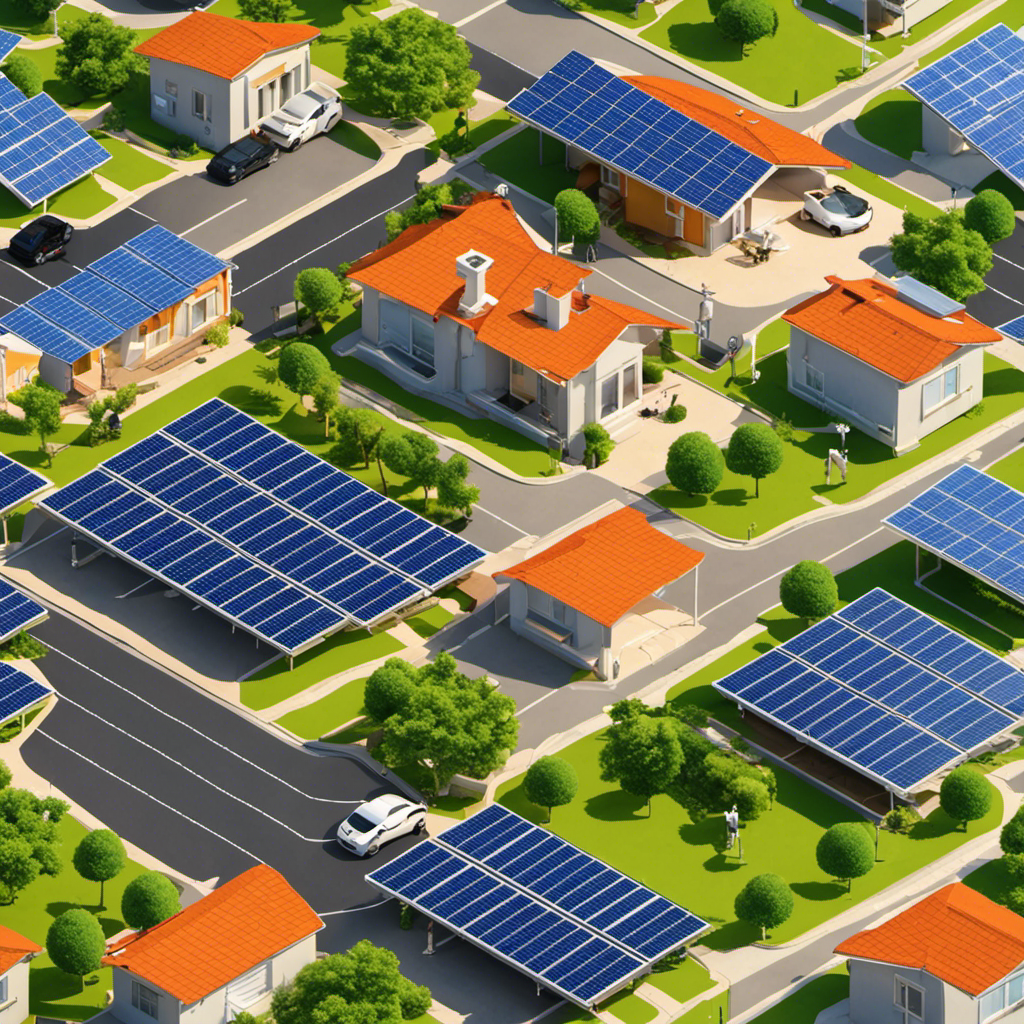 An image depicting a sunny day with solar panels on rooftops, absorbing sunlight and converting it into electricity