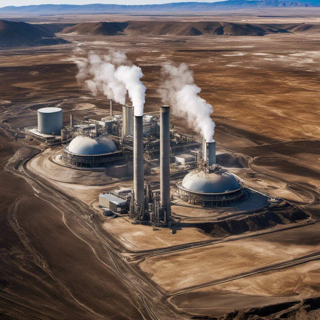 An image showcasing a geothermal power plant surrounded by barren and cracked land, emphasizing the negative environmental impact of geothermal energy