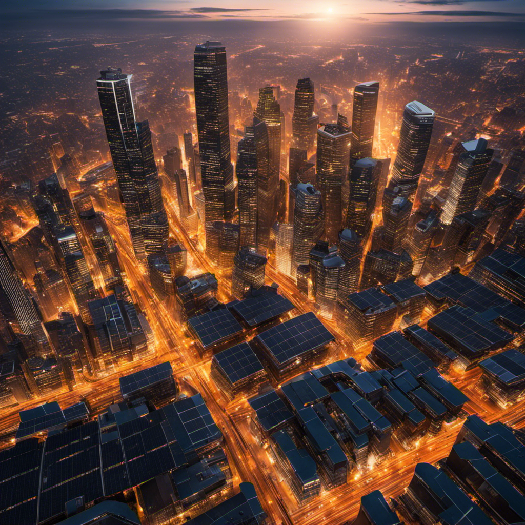 An image showcasing a bustling city skyline with solar panels covering every rooftop, casting deep shadows on the streets below, symbolizing the potential downsides of solar energy in terms of urban aesthetics and shading
