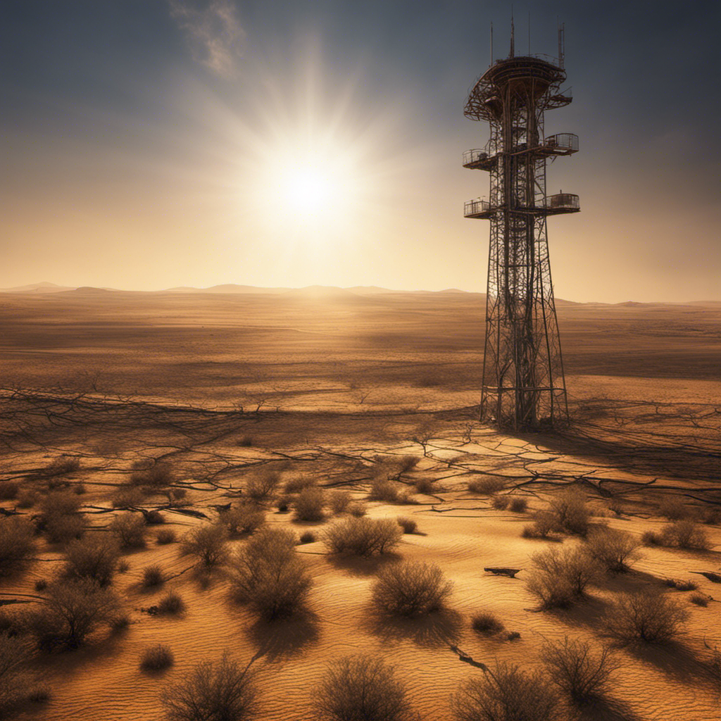 An image showcasing a barren landscape with cracked, parched earth and wilted plants surrounding a massive solar tower