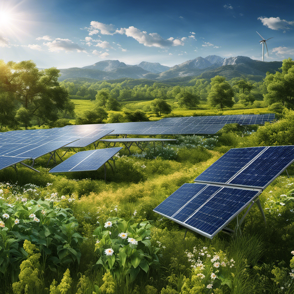 An image that showcases a lush, thriving ecosystem surrounding a solar panel farm, highlighting the future consequence of solar (PV) energy on the environment: bountiful flora, diverse wildlife, and a harmonious coexistence between renewable energy and nature