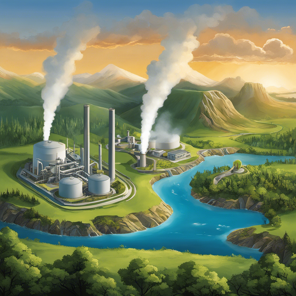 An image depicting a geothermal power plant releasing harmful gases into the atmosphere, with surrounding vegetation wilting and nearby water sources contaminated, highlighting a major problem with using geothermal energy