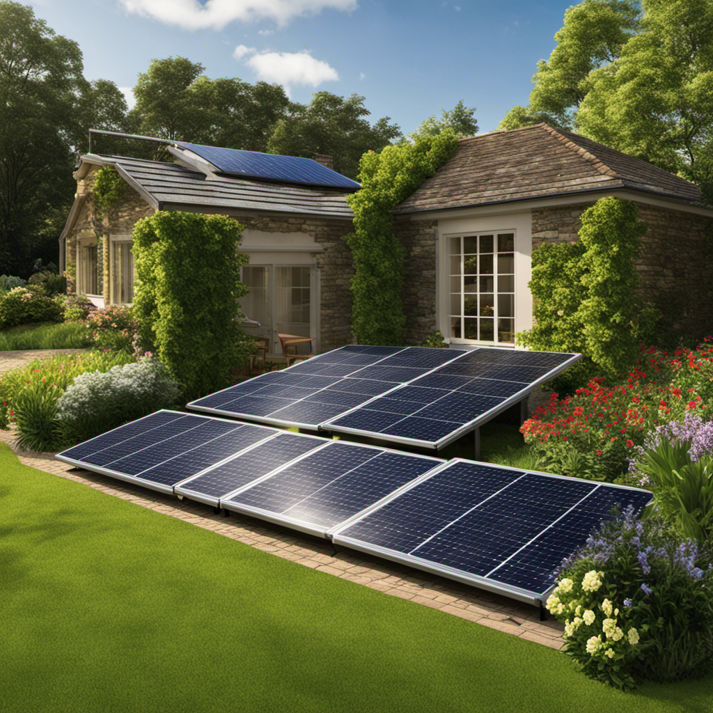 An image showcasing a solar panel system effortlessly absorbing sunlight amidst a flawlessly manicured garden, emphasizing its low maintenance requirements