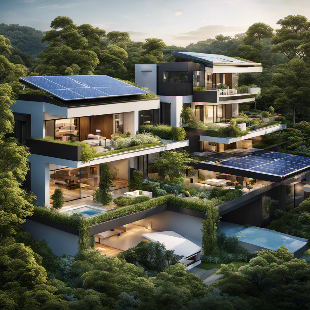 An image showcasing a modern residential area with solar panels seamlessly integrated into rooftops, surrounded by lush greenery and clear blue skies