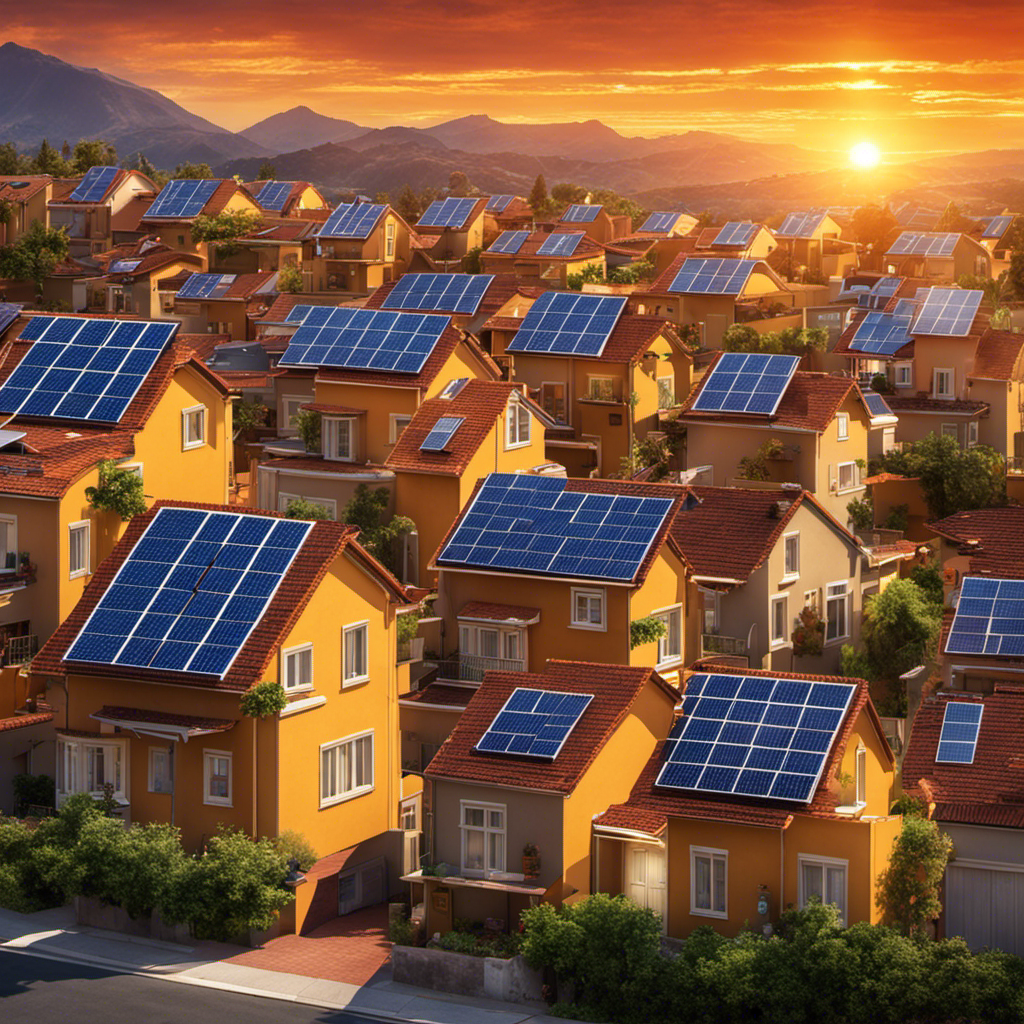 An image showcasing a vibrant neighborhood with solar panels adorning every rooftop, casting a warm glow on the streets below