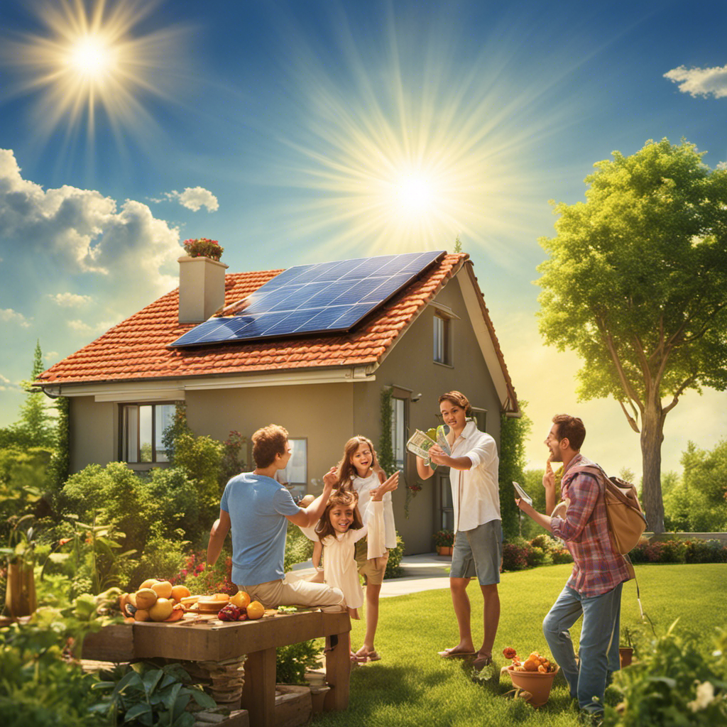 An image that showcases the financial benefits of solar energy by depicting a family happily enjoying their reduced electricity bills and counting money saved, with a bright and sunny background