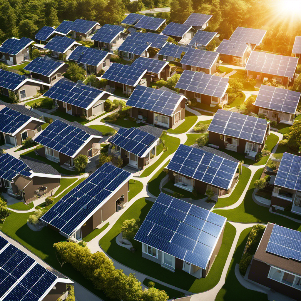 An image showcasing a residential neighborhood, with solar panels installed on rooftops, emitting no smoke or pollution