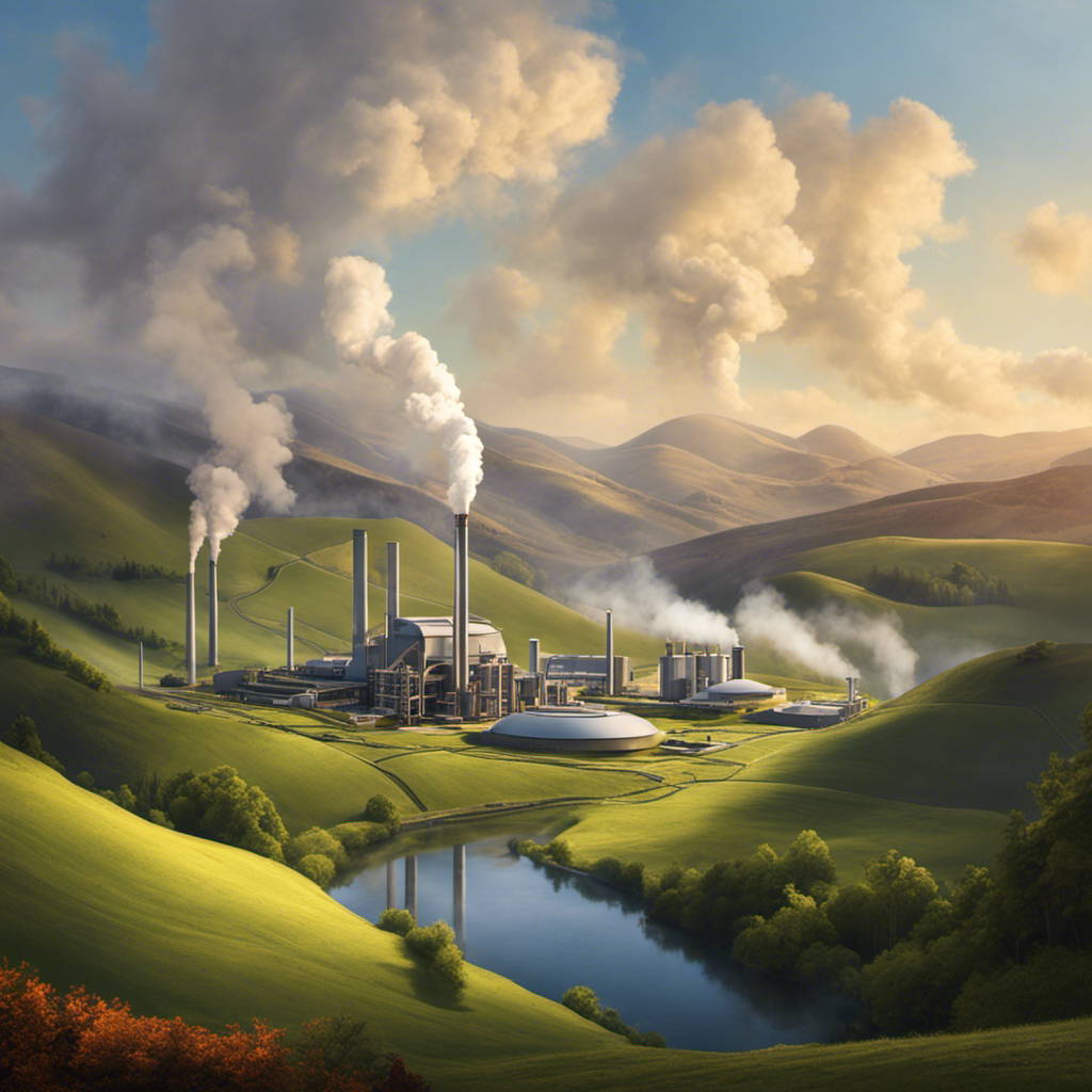 An image showcasing a vast landscape with a modern, eco-friendly geothermal power plant nestled amidst rolling hills