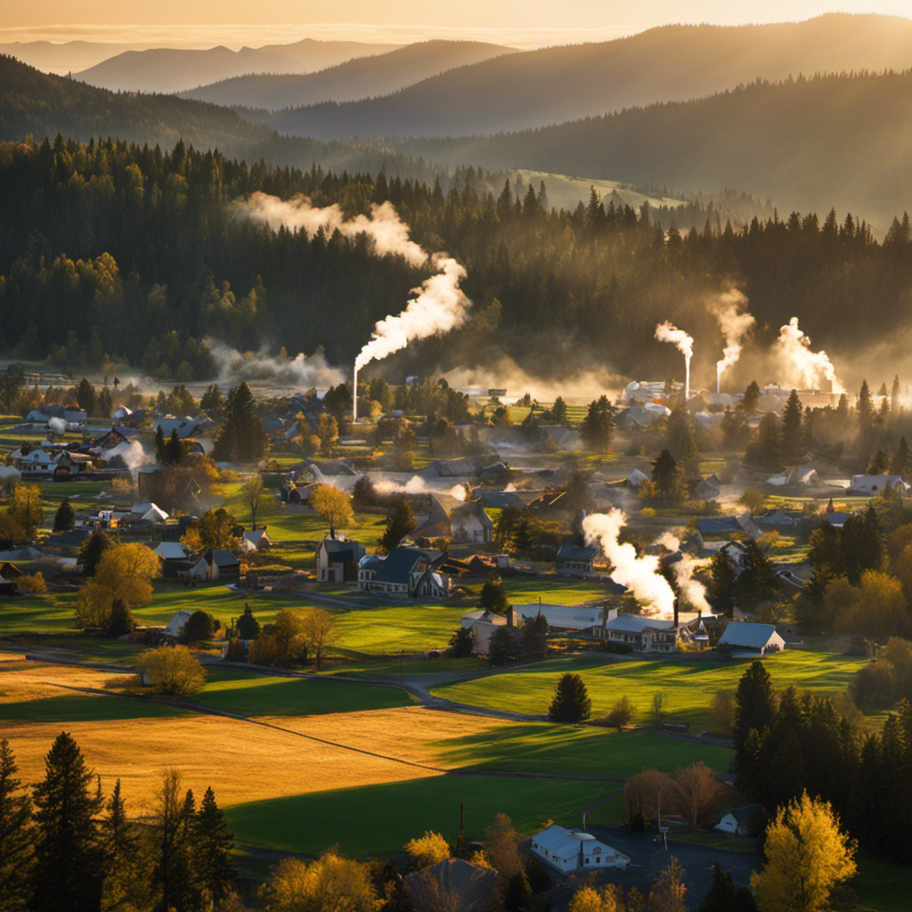 An image showcasing a serene landscape of a small town in Oregon, with steam rising from geothermal wells, providing heat to nearby buildings and homes, illustrating low temperature direct use geothermal energy