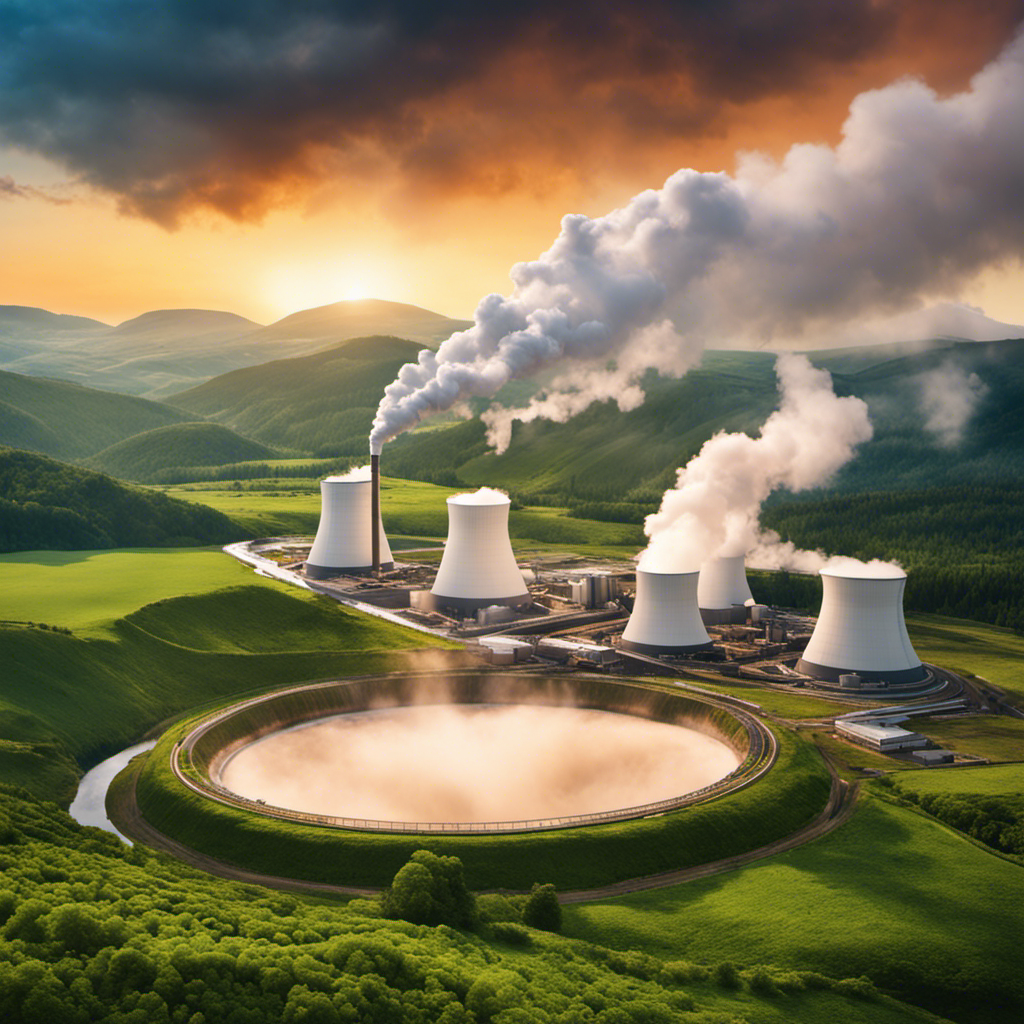 An image showcasing a geothermal power plant nestled within a lush landscape, with steam rising from the ground and turbines spinning, illustrating the diverse applications of geothermal energy without the need for words