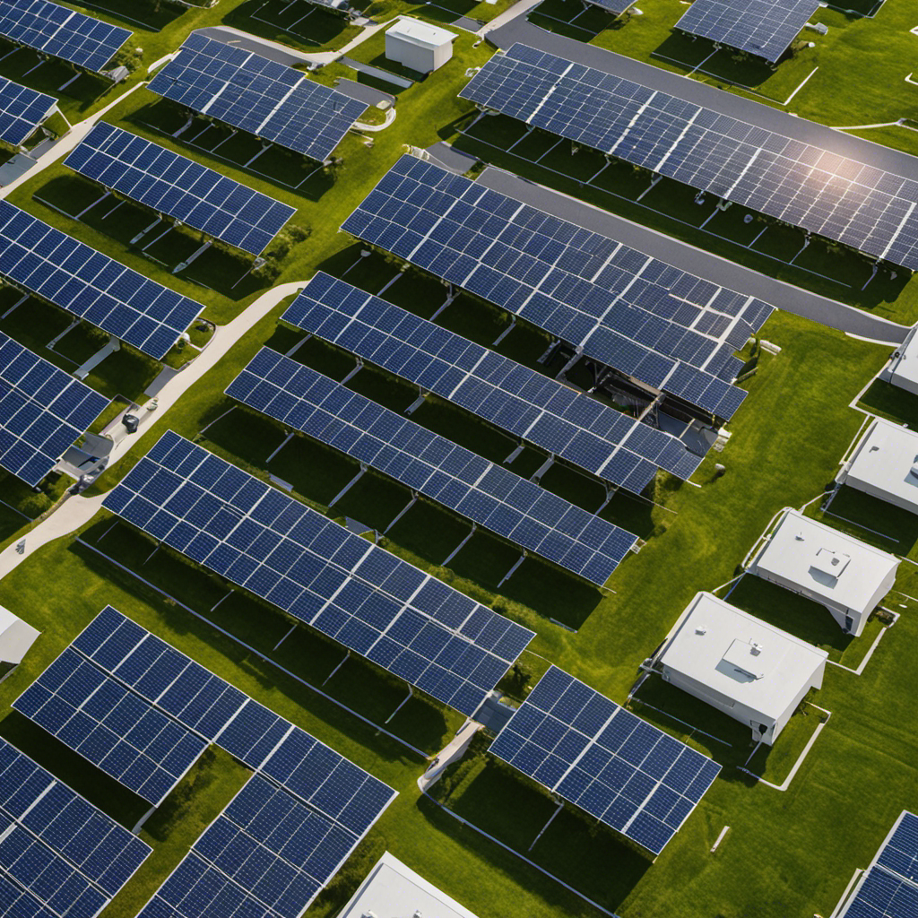 An image showcasing a vibrant solar panel array, effortlessly powering homes and industries, while clean, renewable energy flows into the grid