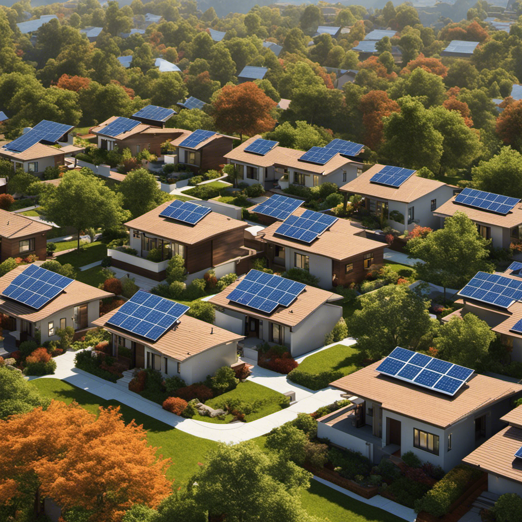 An image depicting a serene suburban neighborhood powered by solar energy, with solar panels seamlessly integrated into rooftops, showcasing the absence of pollution, noise, and reliance on non-renewable energy sources