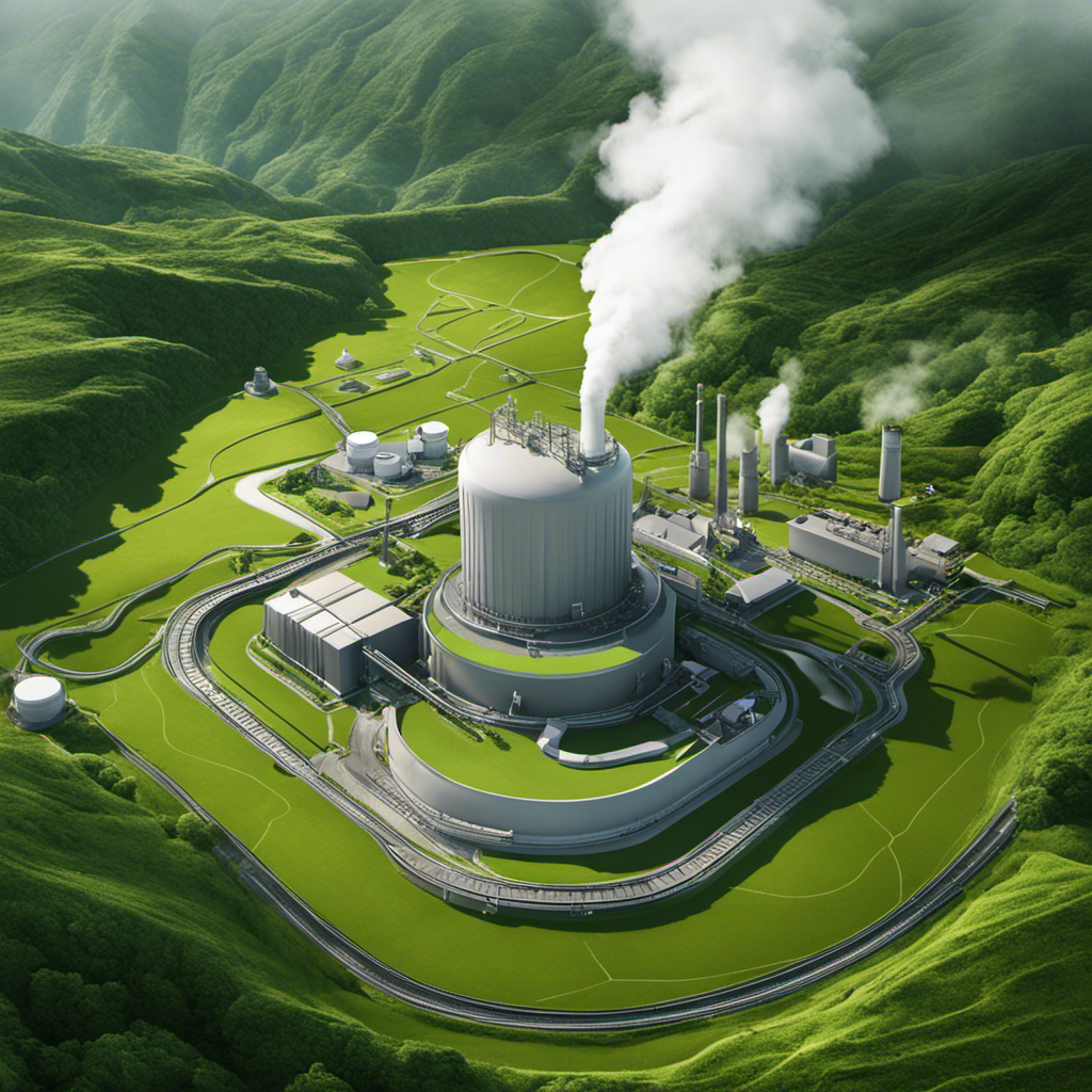 An image showcasing a geothermal power plant, surrounded by lush green landscapes, with arrows pointing to incorrect assumptions about geothermal energy, such as "Geothermal energy causes pollution" and "Geothermal power plants are visually intrusive