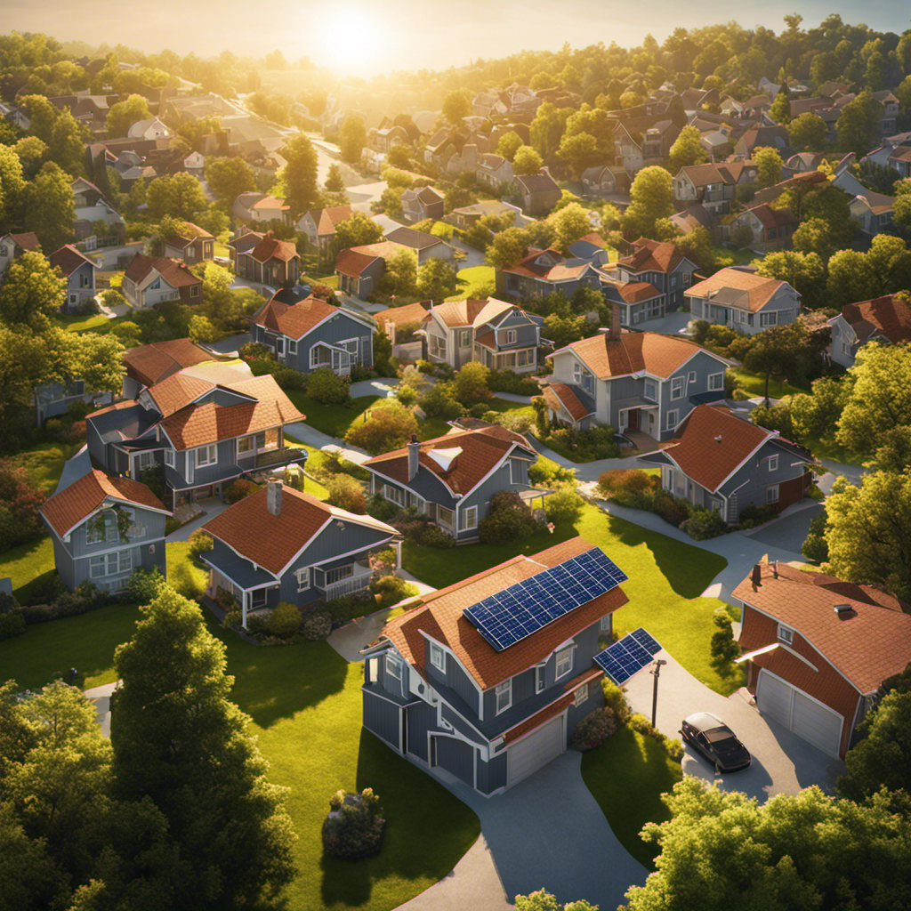 An image portraying a sunlit neighborhood with multiple houses connected to a solar power grid, emphasizing their energy independence