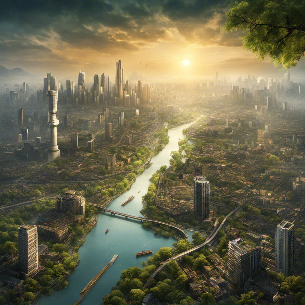 An image that depicts a polluted cityscape, with smog-filled skies, dying trees, and contaminated waterways, contrasting against a small patch of flourishing greenery, symbolizing the adverse impact of increased solar energy usage on environmental sustainability