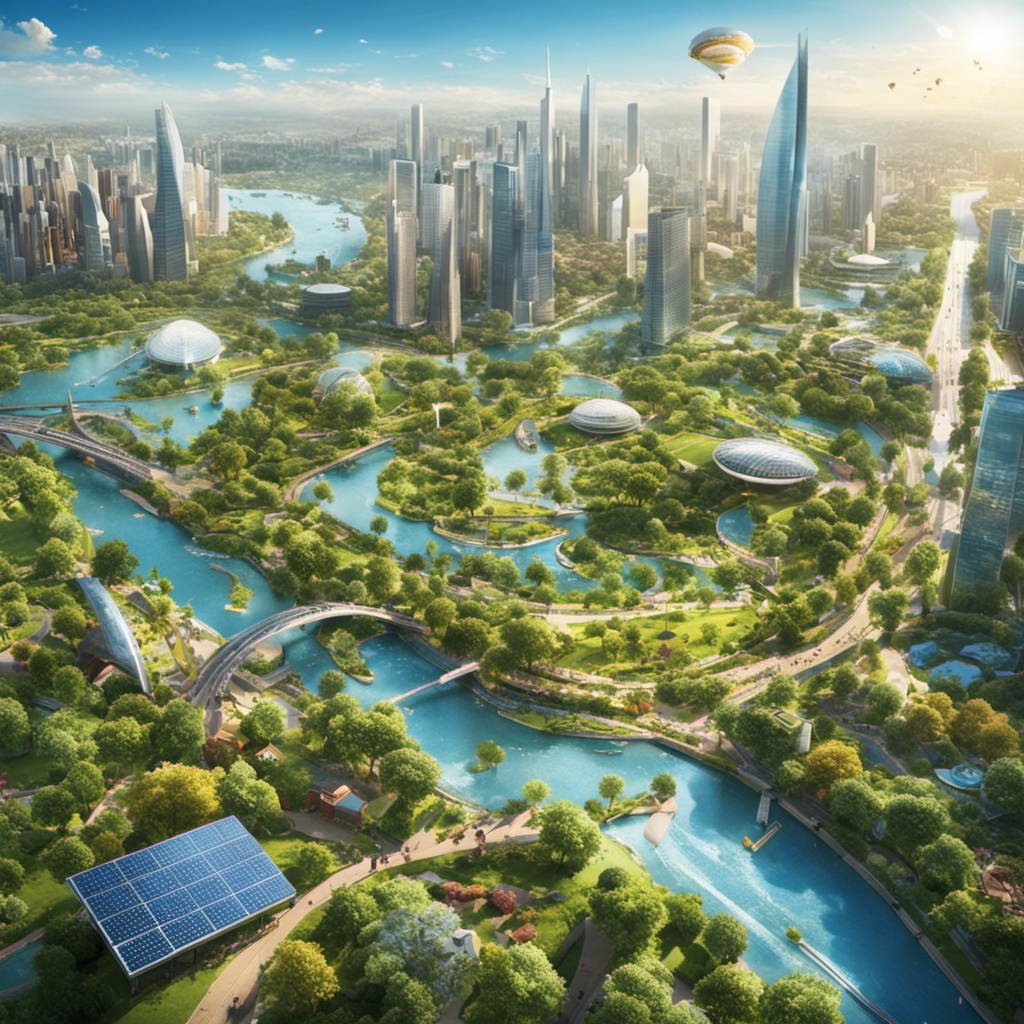An image depicting a bustling city with clear blue skies, showcasing vibrant green parks, and people engaging in outdoor activities