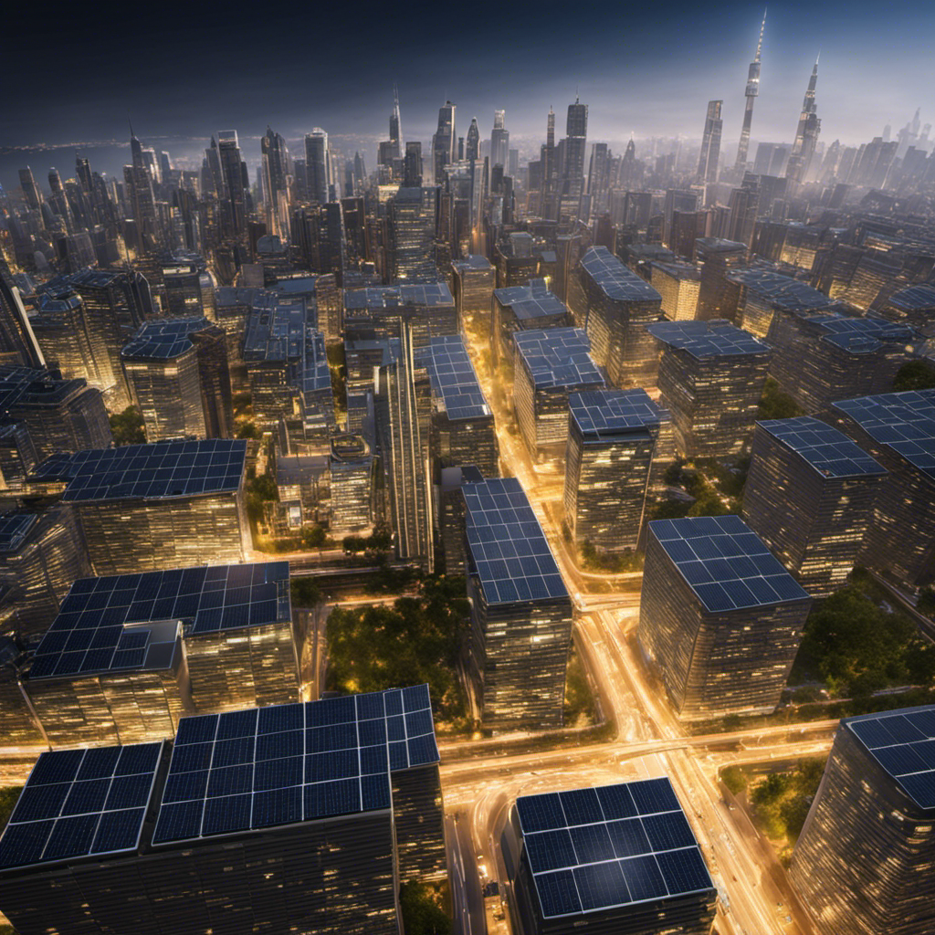 An image depicting a modern city skyline with solar panels seamlessly integrated into buildings and rooftops