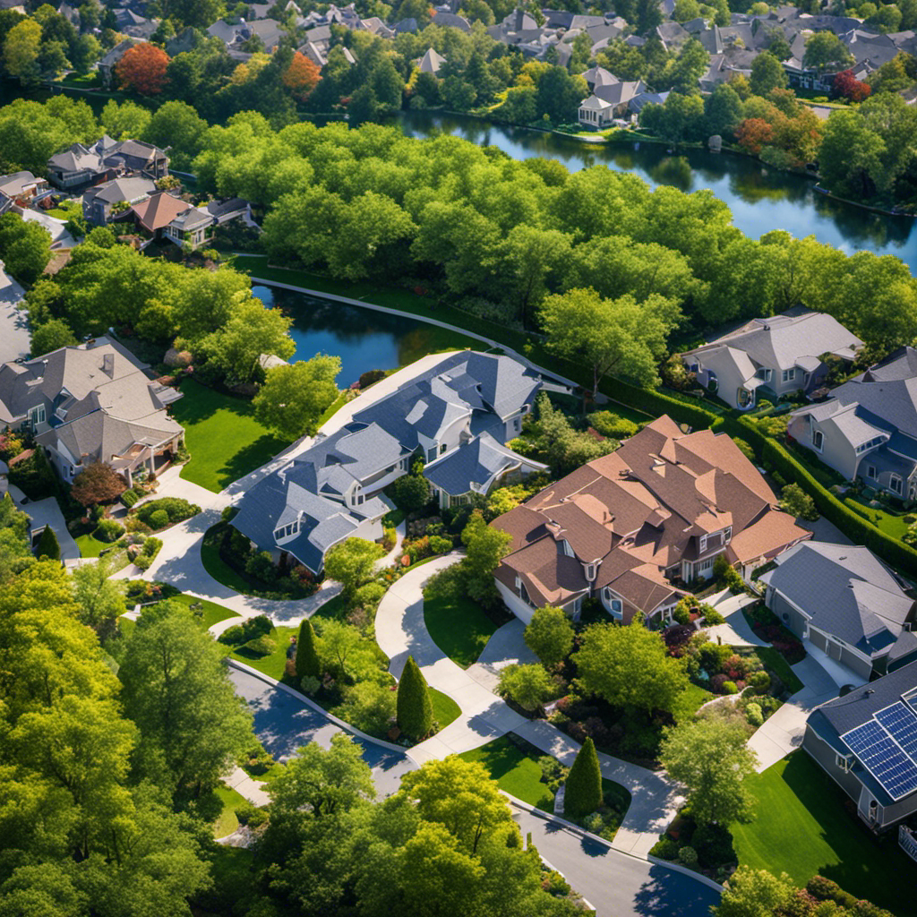 An image showcasing a suburban neighborhood with solar panels on all rooftops, surrounded by luxurious homes, lush green landscapes, and a bustling real estate market