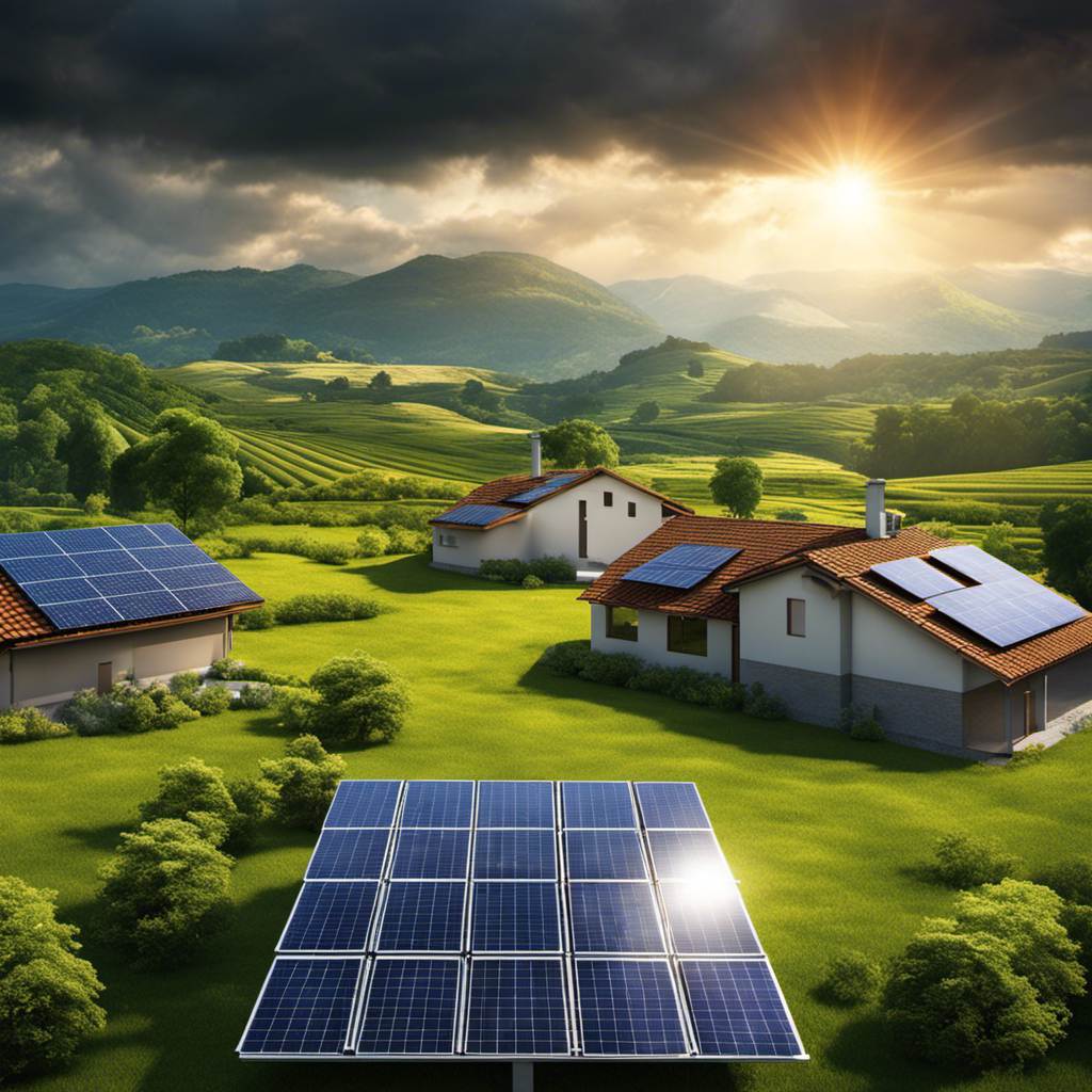An image depicting a serene countryside landscape with solar panels installed on rooftops, surrounded by dark clouds symbolizing limited energy storage capacity, emphasizing one of the three major drawbacks of solar energy
