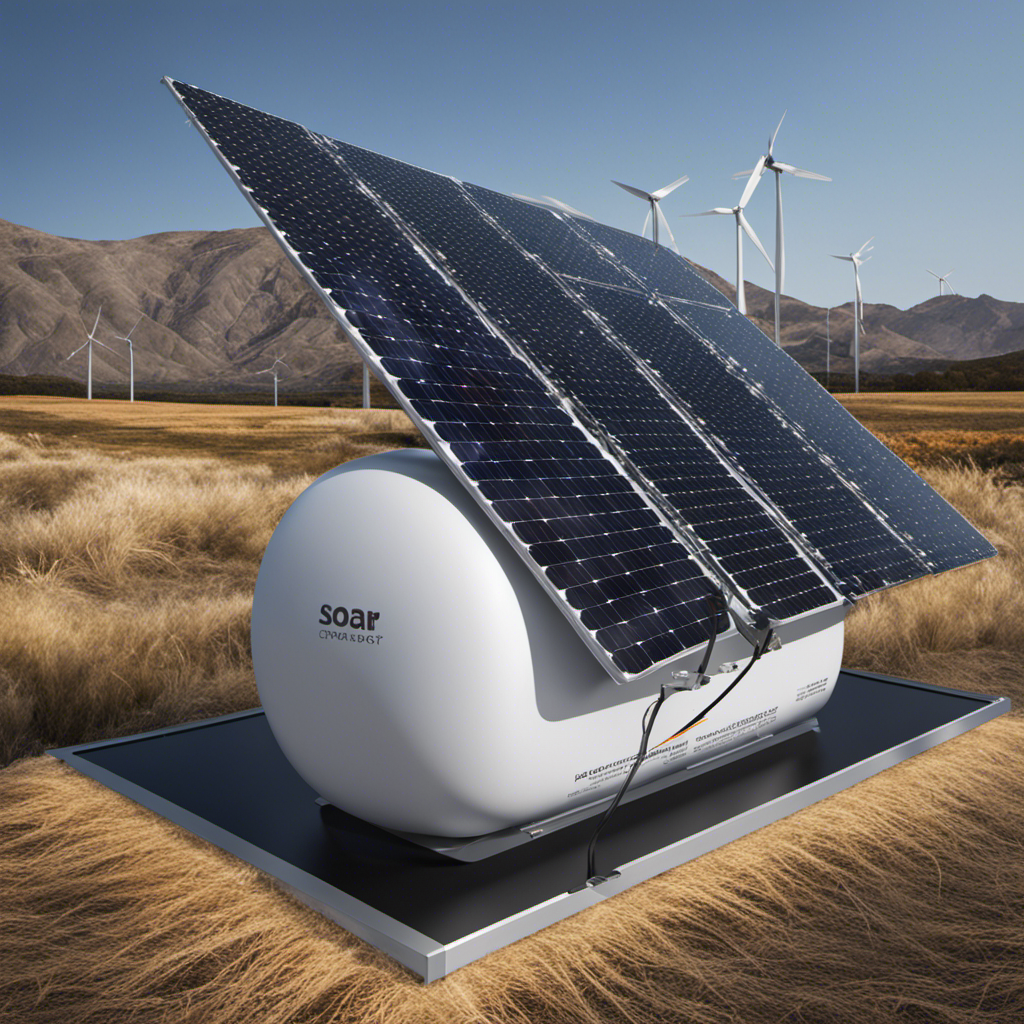 An image showcasing a solar energy system with a futuristic design, featuring a sleek, compact supercapacitor prominently placed within the system
