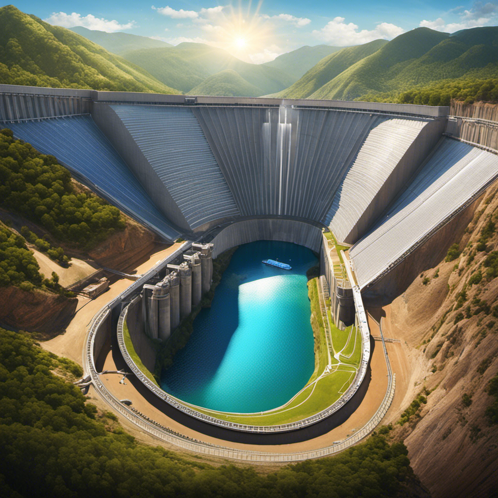 An image showcasing a large dam nestled between mountains, with water being pumped uphill during excess solar energy production