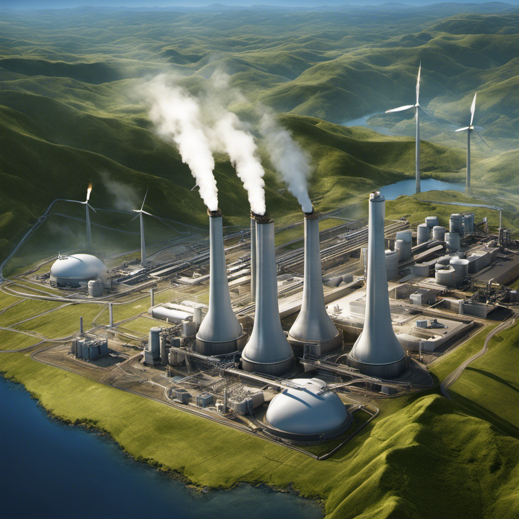 An image showcasing a vast geothermal power plant with towering turbines, steam rising from the depths of the earth's crust, and electricity lines extending to cities, highlighting the process of harnessing geothermal energy for electricity production