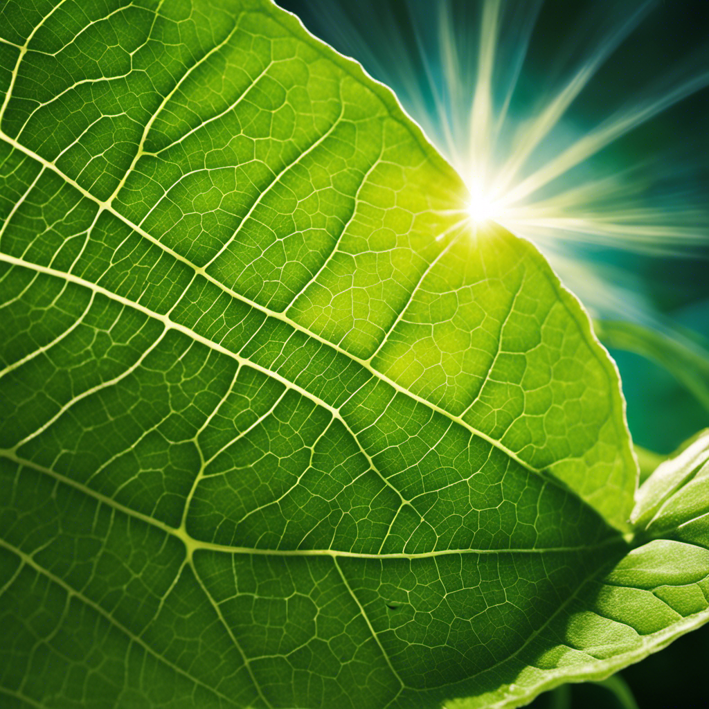 An image showcasing a vibrant sun radiating intense rays onto a leaf, where the leaf's chloroplasts efficiently absorb and convert solar energy into chemical energy through the process of photosynthesis