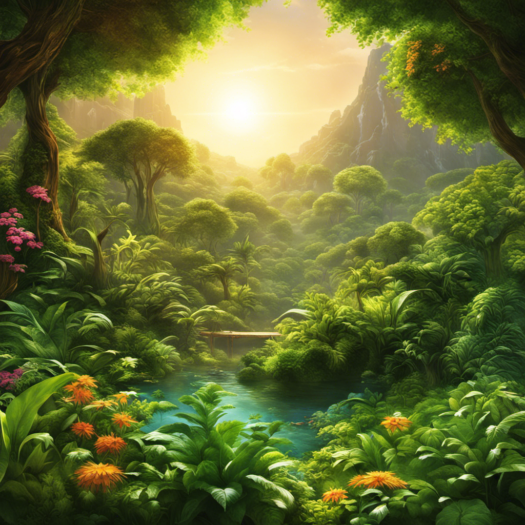 An image showcasing a vibrant ecosystem teeming with lush green plants basking in the sun's warm rays, radiating energy as they photosynthesize, converting solar energy into life-sustaining chemical energy