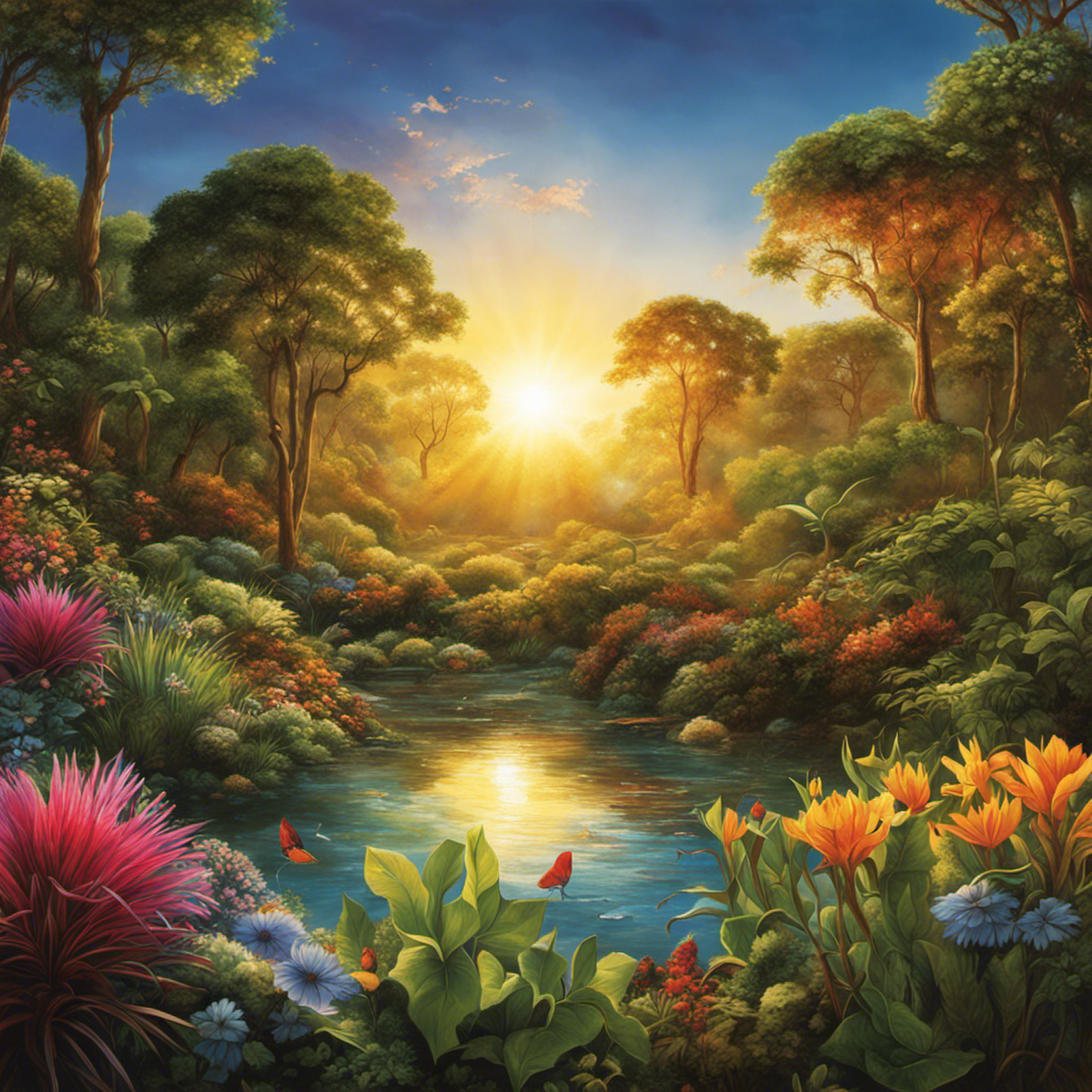 An image showcasing a vibrant ecosystem teeming with diverse flora and fauna, bathed in the warm, golden glow of the sun