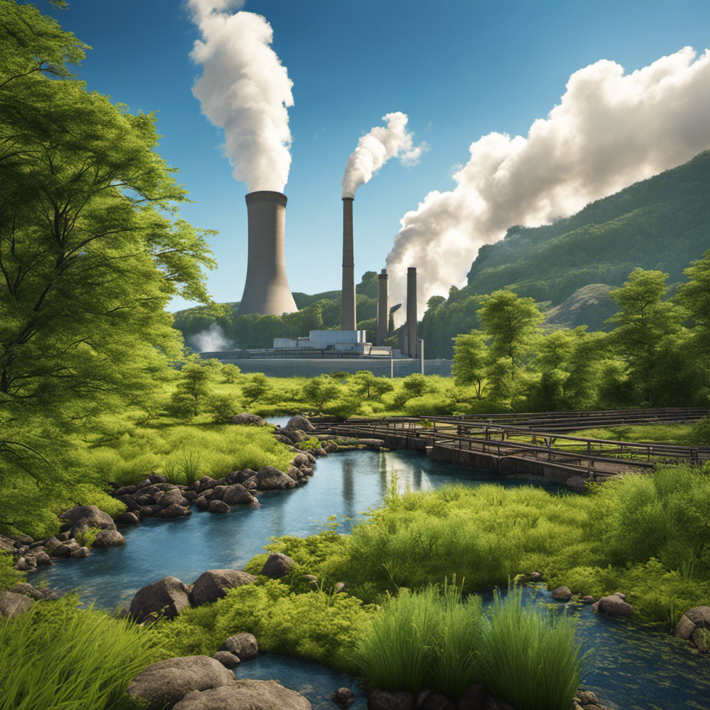 An image showcasing a serene landscape with a geothermal power plant in the background, surrounded by lush greenery and a clear blue sky