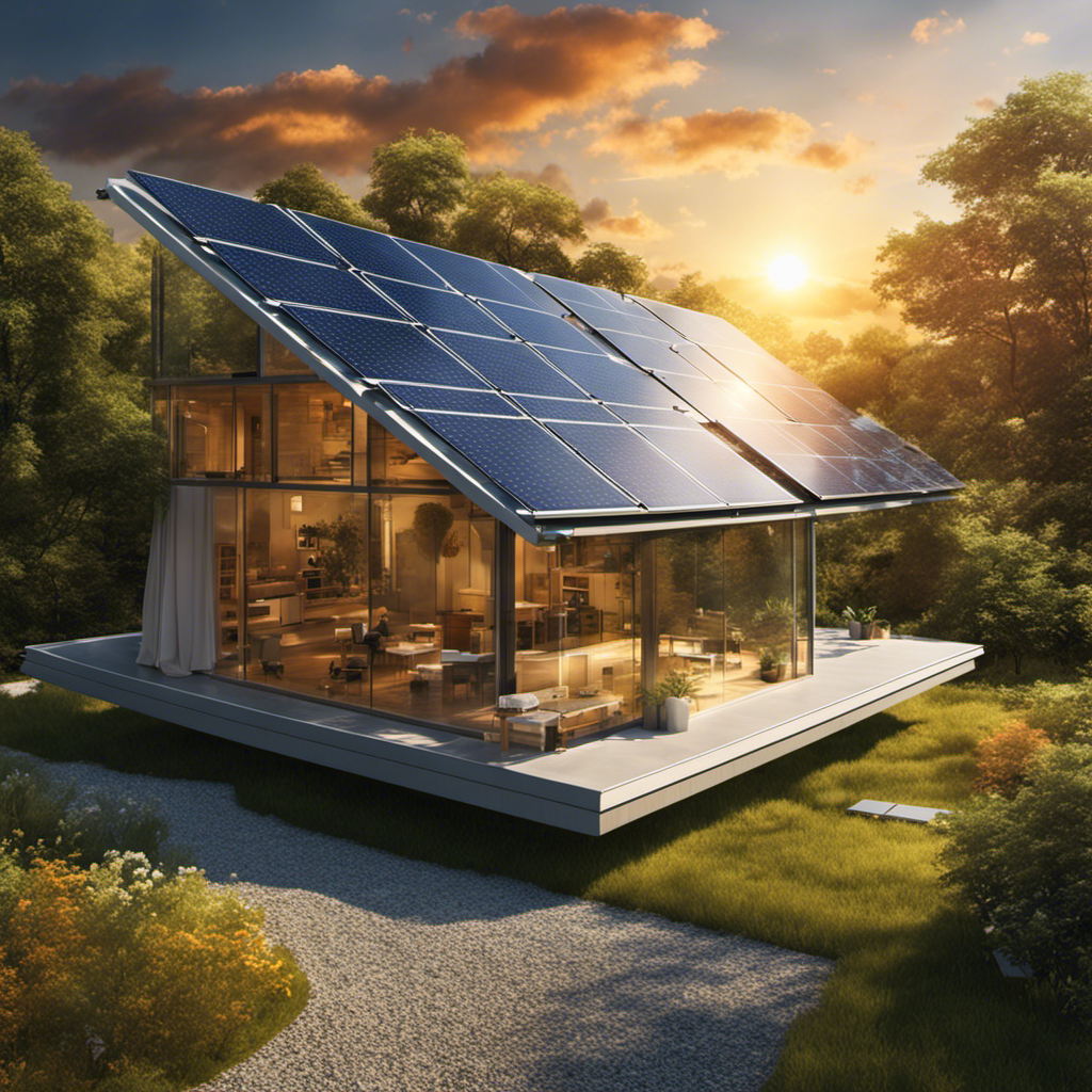 An image that depicts a sunlit landscape with a house equipped with solar panels, surrounded by various substances such as glass, water, and metal, showcasing the transmission of solar energy