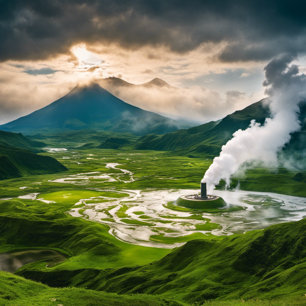An image showcasing a vast landscape with towering volcanic peaks, surrounded by steaming hot springs and bubbling geysers