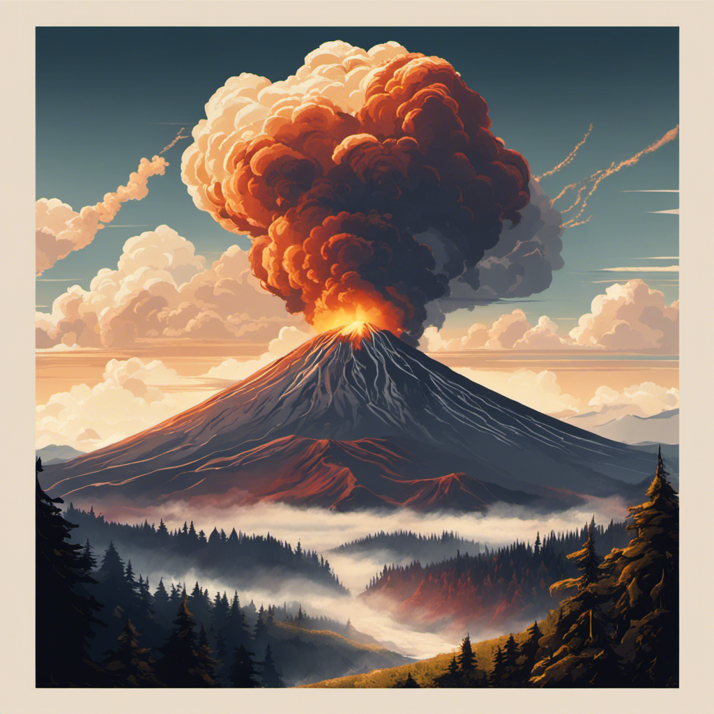 An image showcasing a landscape with a towering volcano surrounded by steam rising from the ground, revealing geothermal activity