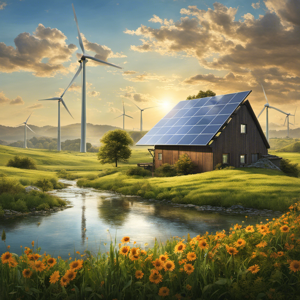 An image depicting a serene pasture with a wind turbine and solar panels, juxtaposed against a polluted industrial skyline, highlighting the drawbacks of solar and wind energy