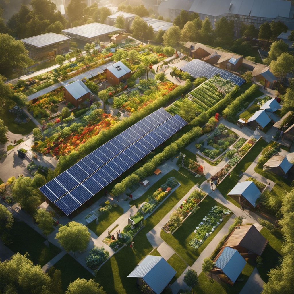 An image showcasing a vibrant community garden thriving beside a solar panel farm