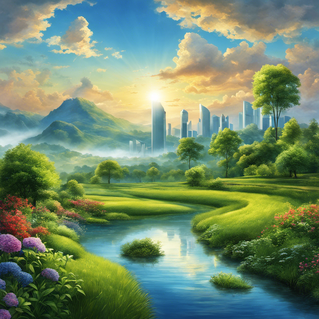 An image showcasing a vibrant blue sky with clean, fresh air and a lush green landscape, contrasting it with a smog-filled, polluted atmosphere