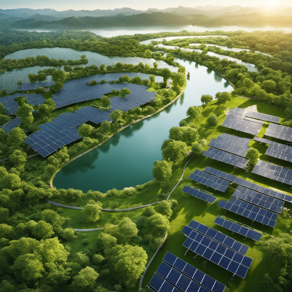 An image showcasing a lush, green landscape with solar panels on rooftops, highlighting their role in conserving water resources