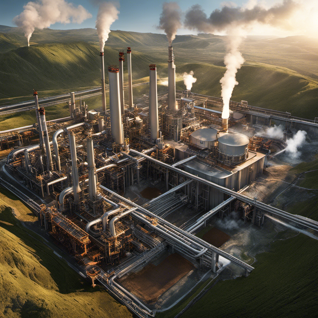 An image showcasing a vast geothermal power plant, with towering geothermal wells penetrating deep into the Earth's crust