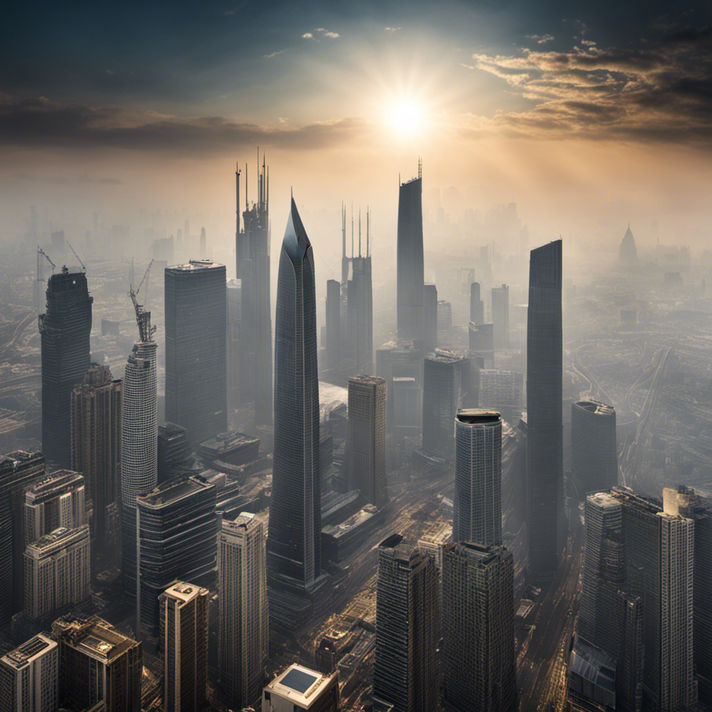 An image showcasing a gloomy, polluted city skyline surrounded by smog, with a single solar panel in the foreground, symbolizing the absence of clean air, reduced pollution, and improved environmental health as a drawback of solar energy