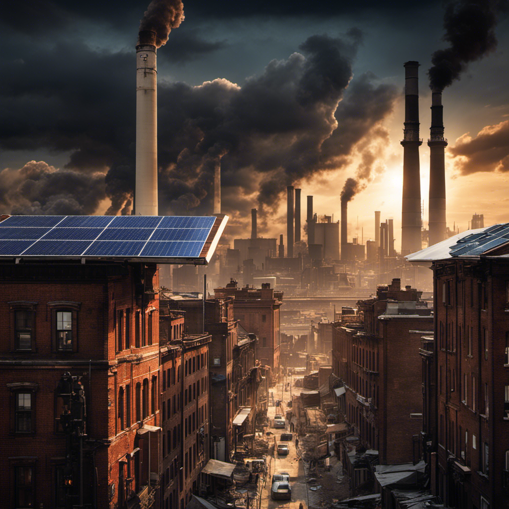 An image showcasing a bustling city with smokestacks emitting dark clouds, while a solar panel stands abandoned in the foreground, symbolizing the drawback of solar energy