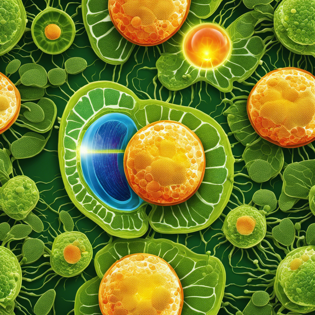 An image showcasing a vibrant plant cell bathed in sunlight, featuring a chloroplast with stacked thylakoids absorbing solar energy, while adjacent mitochondria expel ATP molecules, symbolizing the conversion of solar energy into chemical energy