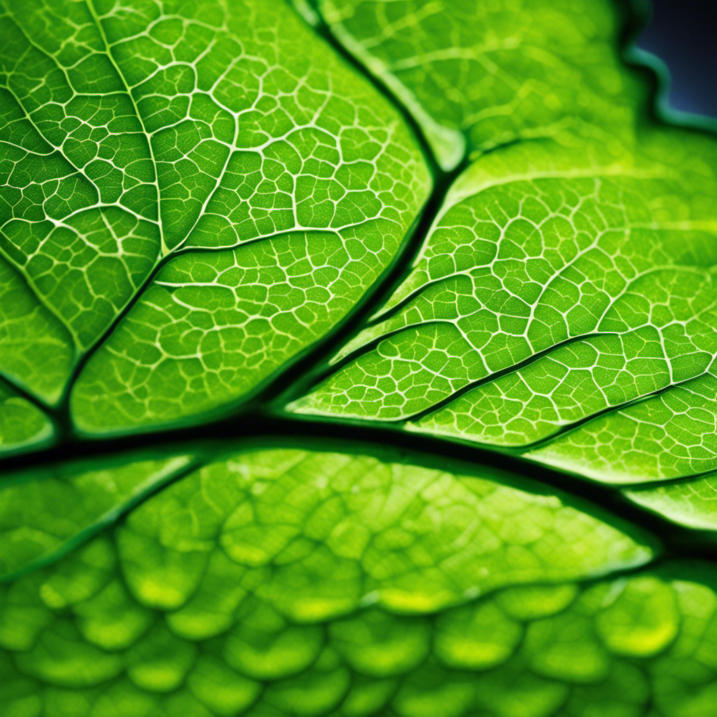 An image showcasing a vibrant green leaf bathed in warm sunlight, revealing the intricate network of chloroplasts within its cells