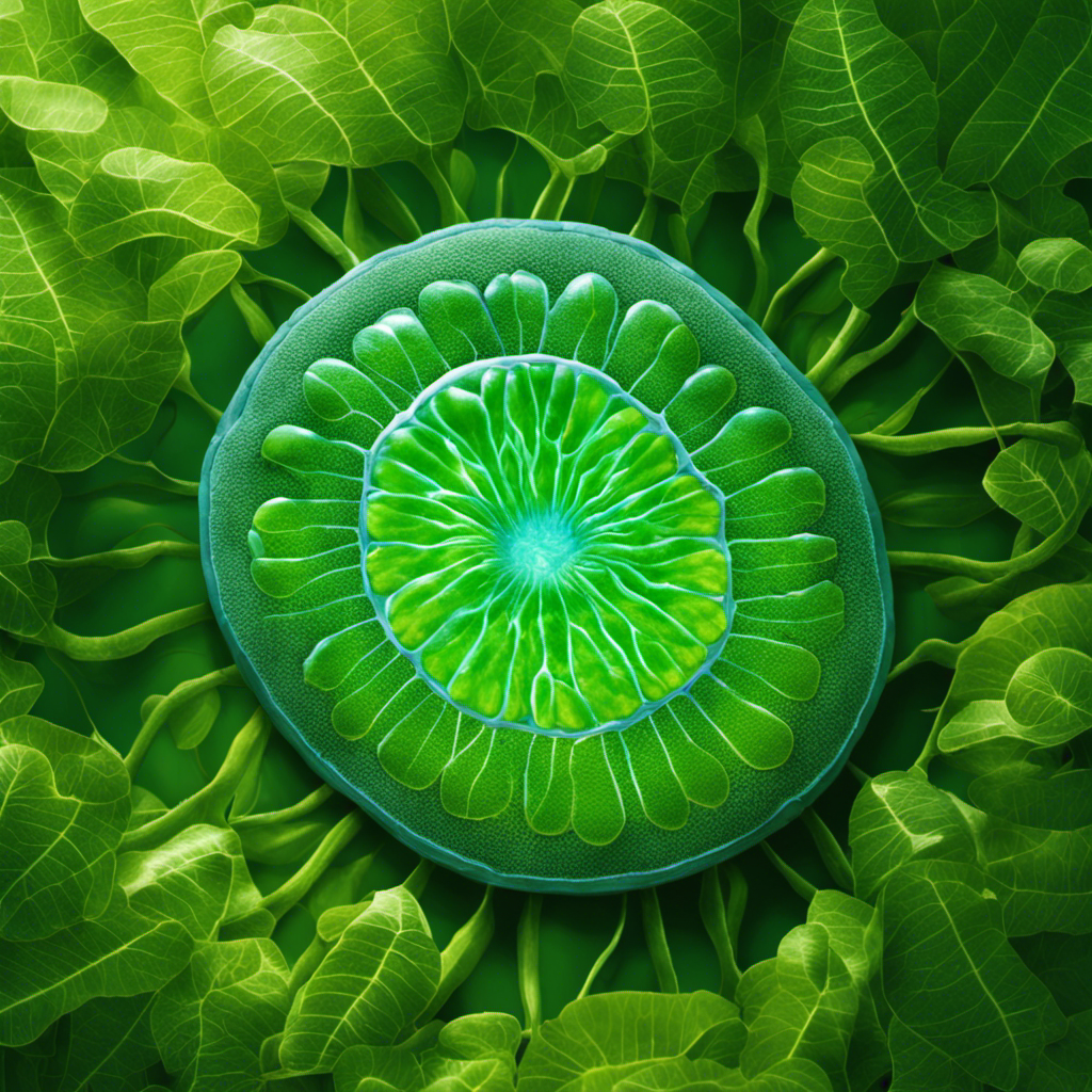 An image depicting a chloroplast within a plant cell, with vibrant sunlight piercing through the thylakoid membranes